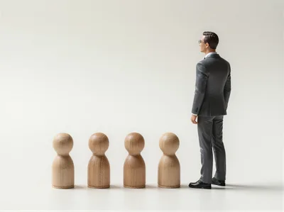 Businessman Standing Beside Wooden Peg Dolls
