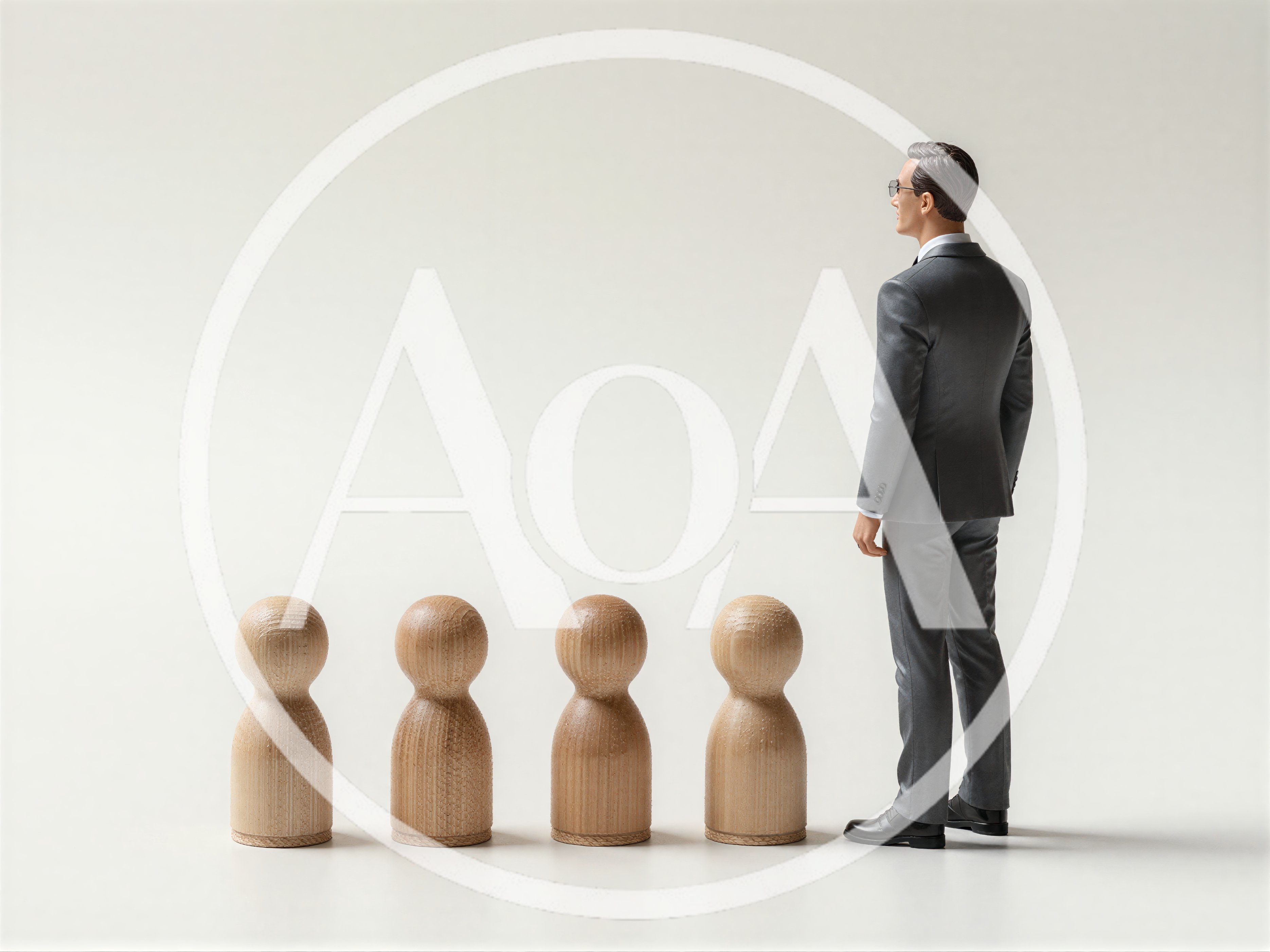 Businessman Standing Beside Wooden Peg Dolls