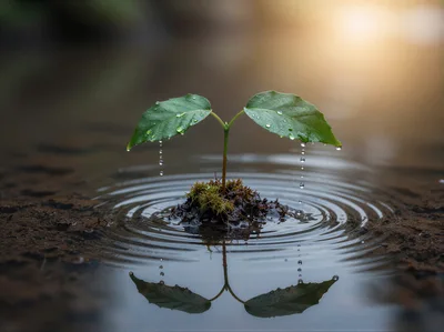 Small Green Sprout Growing From Muddy Water