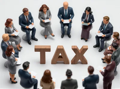 Business Professionals Sitting In A Circle Around Tax Sign