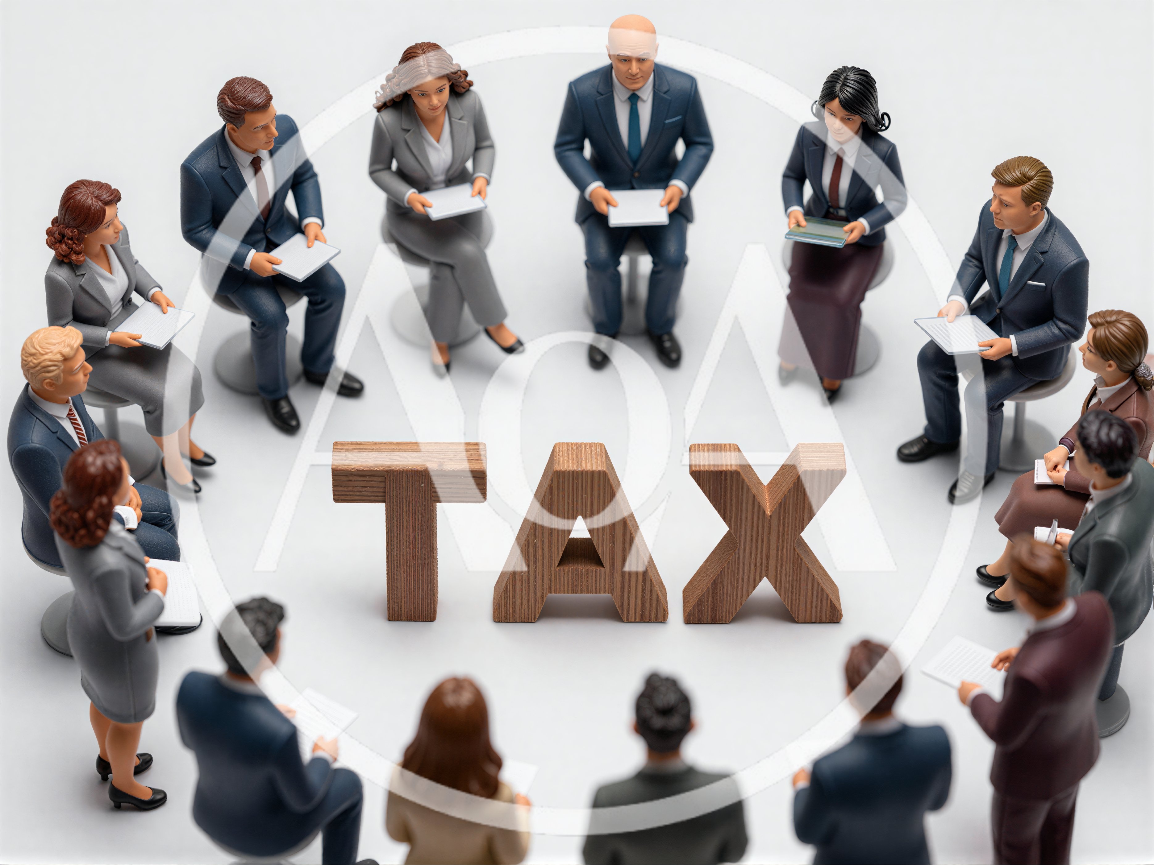 Business Professionals Sitting In A Circle Around Tax Sign