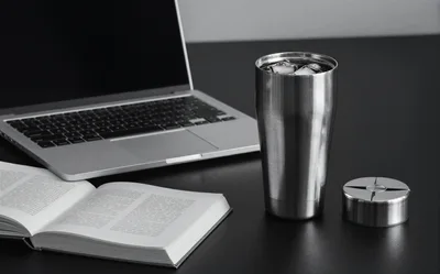 Laptop Book And Metal Tumbler On Desk