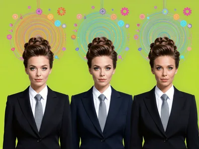 Three Identical Businesswomen With Abstract Digital Mind Graphics