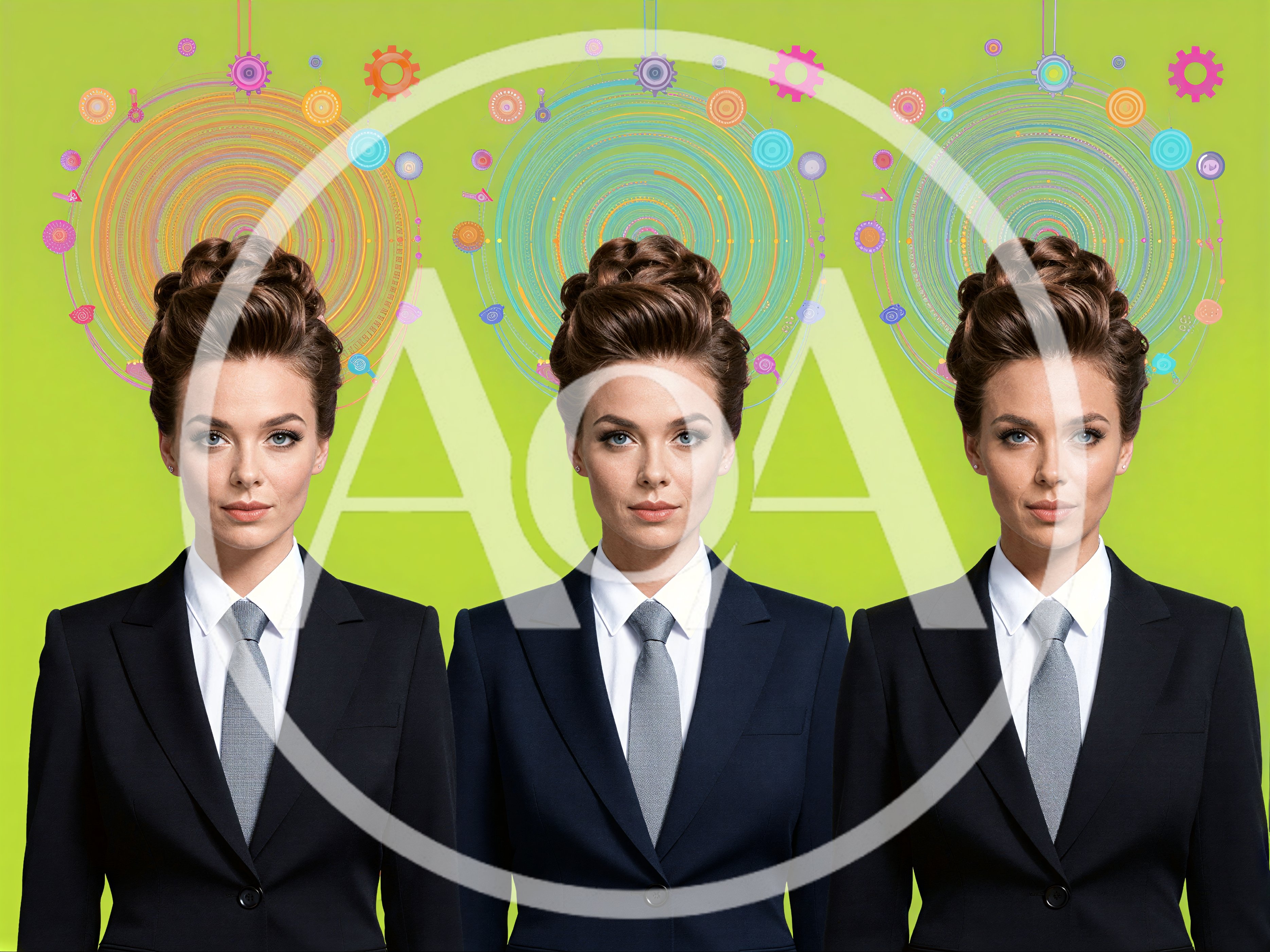 Three Identical Businesswomen With Abstract Digital Mind Graphics