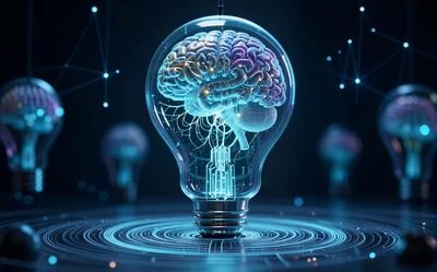 Digital Human Brain Inside Glowing Light Bulb