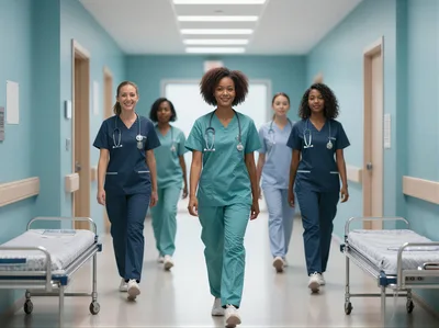 Diverse Group Of Medical Professionals Walking Down Hospital Hallway