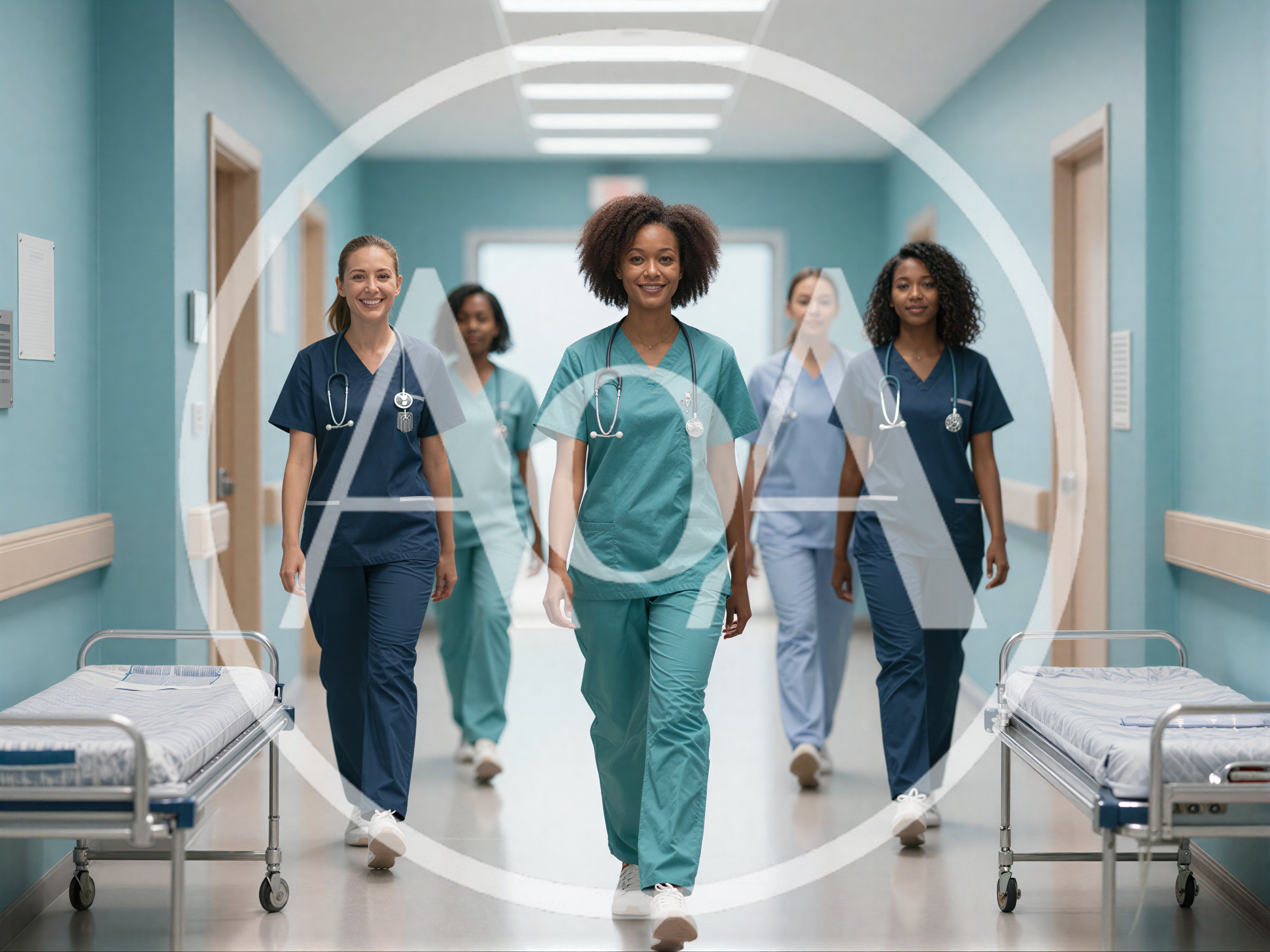 Diverse Group Of Medical Professionals Walking Down Hospital Hallway