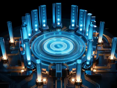 Futuristic Circular Data Center With Glowing Blue Pillars