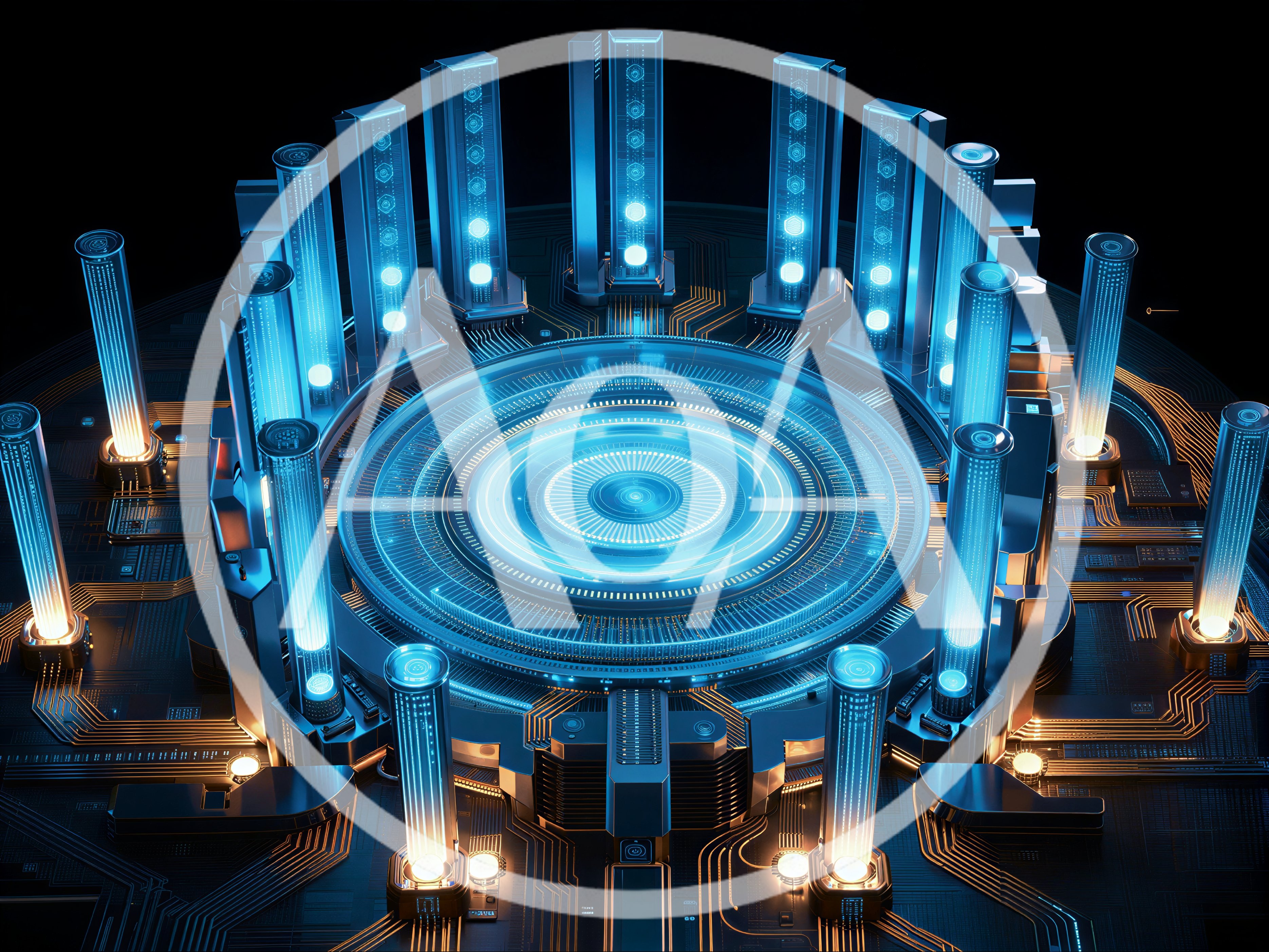 Futuristic Circular Data Center With Glowing Blue Pillars