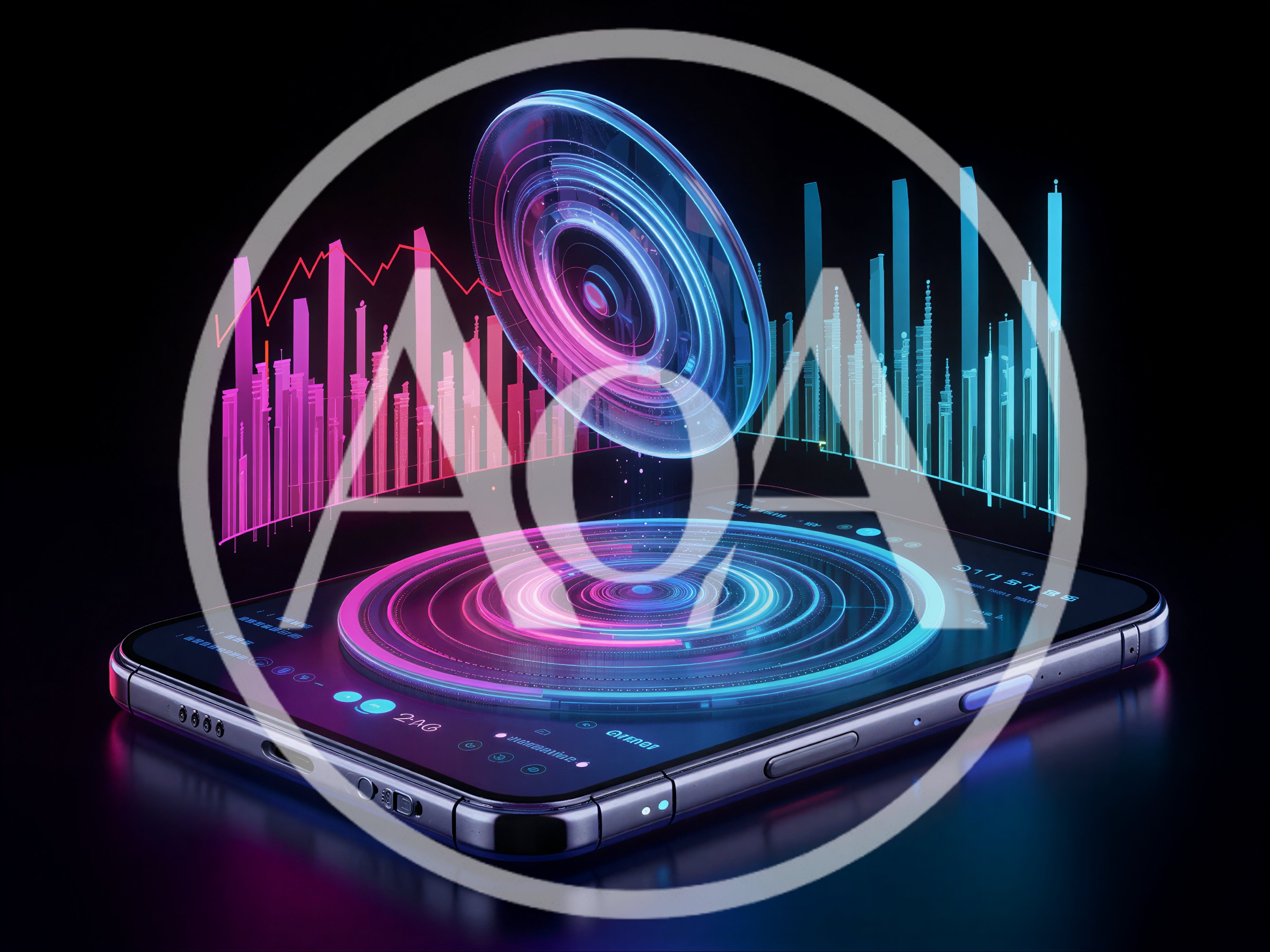 Futuristic Smartphone Displaying Holographic Data Visualization