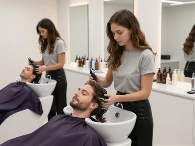 Professional Hairdressers Washing Clients Hair In Salon