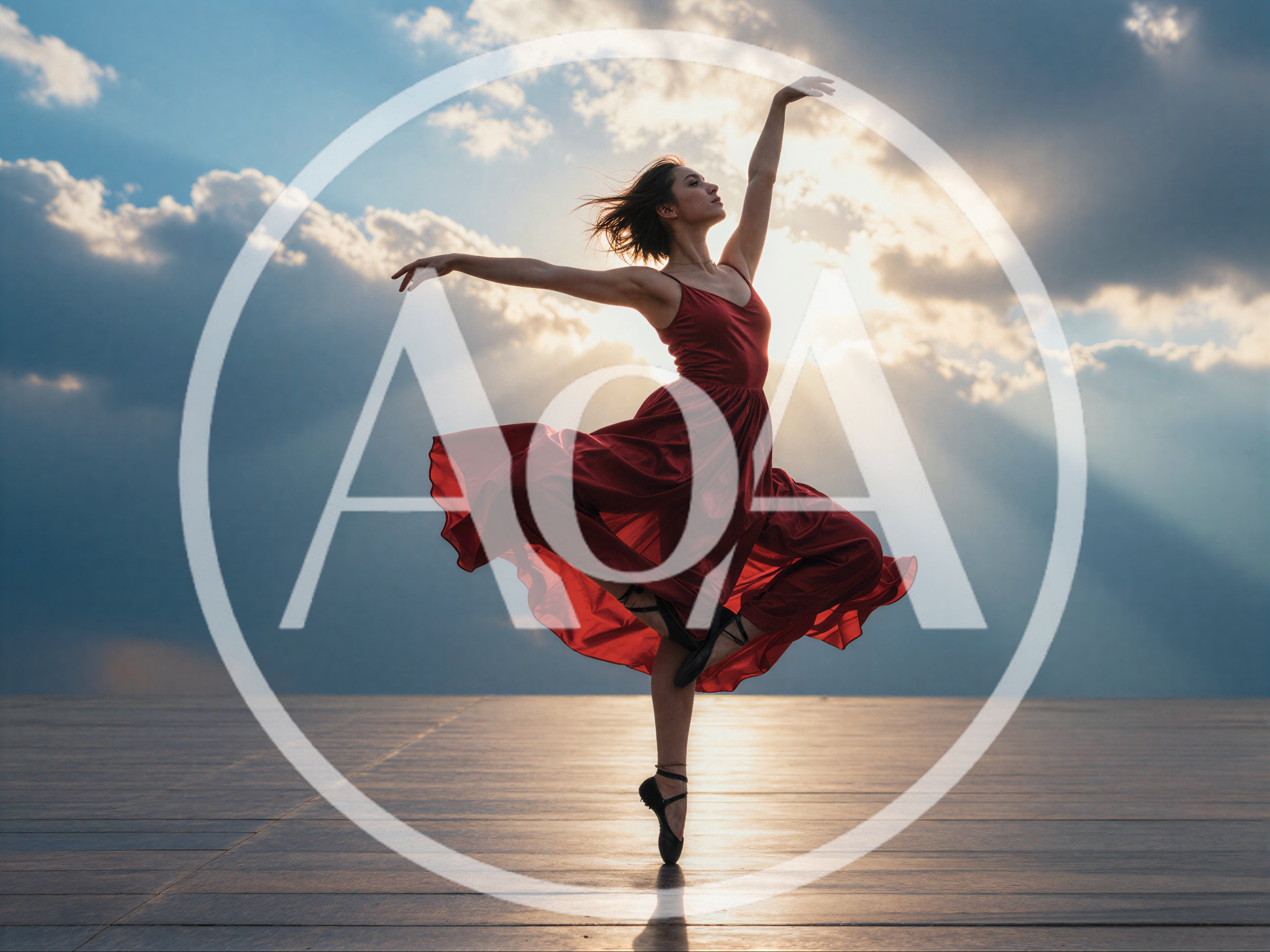Ballerina Dancing In Red Dress Against Sunset Sky