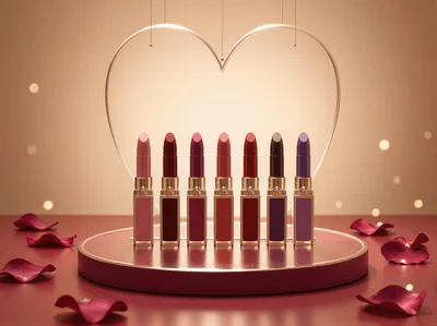 Seven Lipsticks Arranged on a Circular Podium