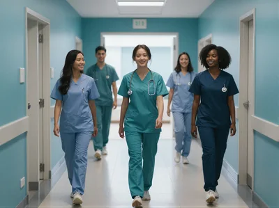Diverse Medical Professionals Walking Down Hospital Corridor