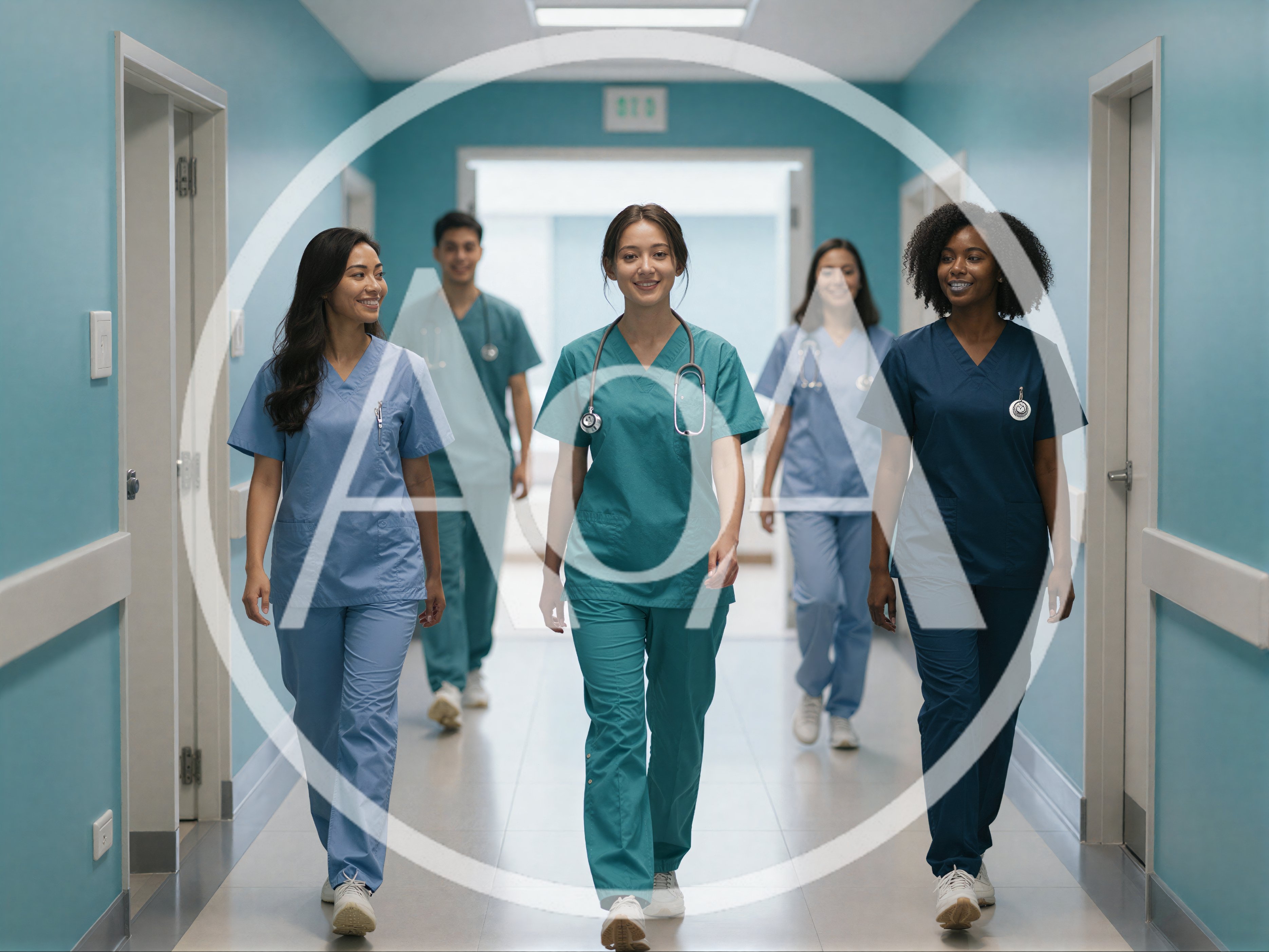 Diverse Medical Professionals Walking Down Hospital Corridor
