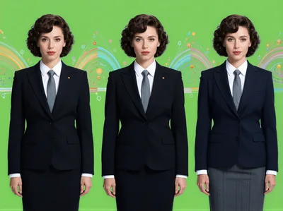 Three Identical Businesswomen Standing Against Green Background
