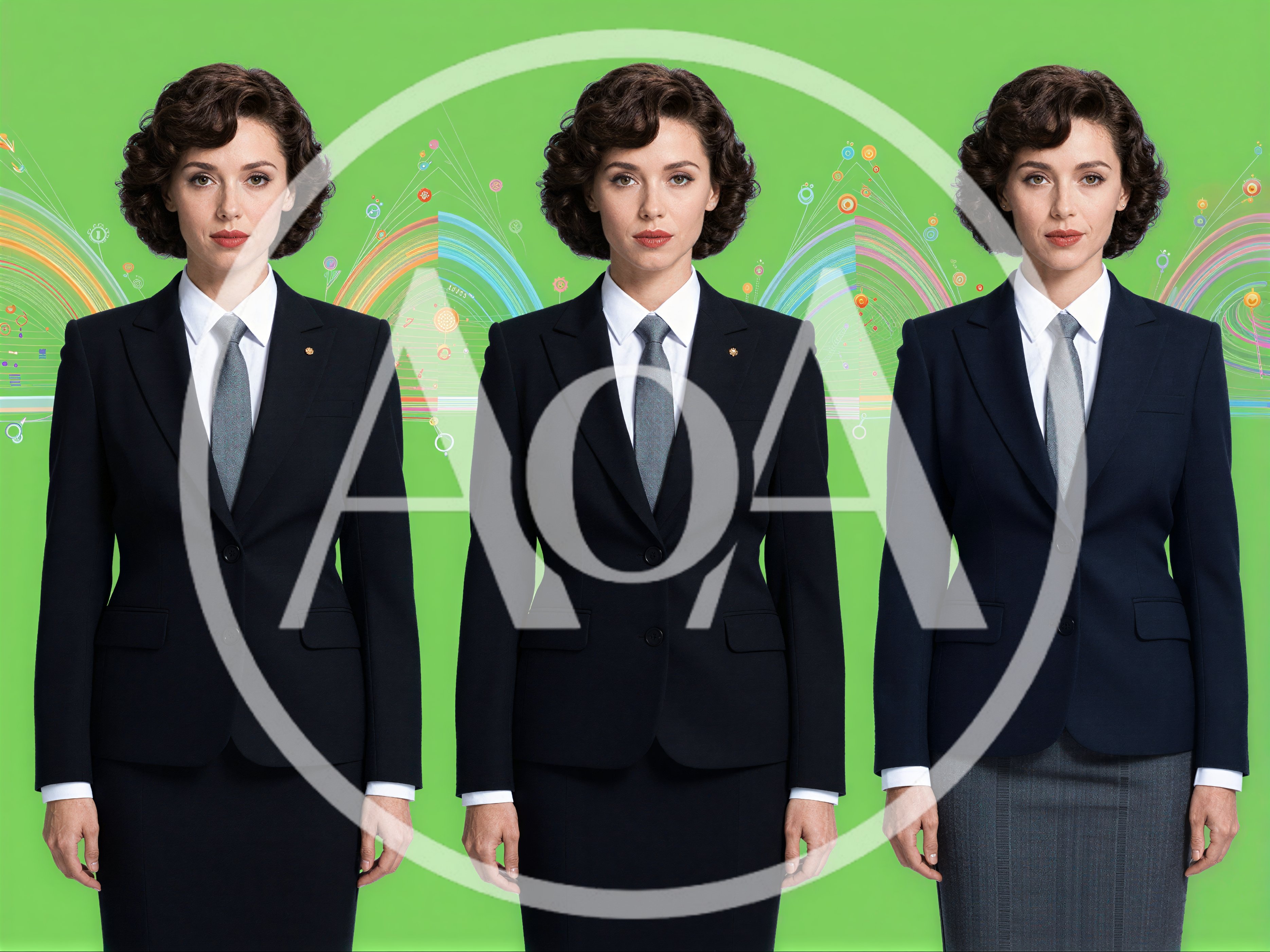 Three Identical Businesswomen Standing Against Green Background