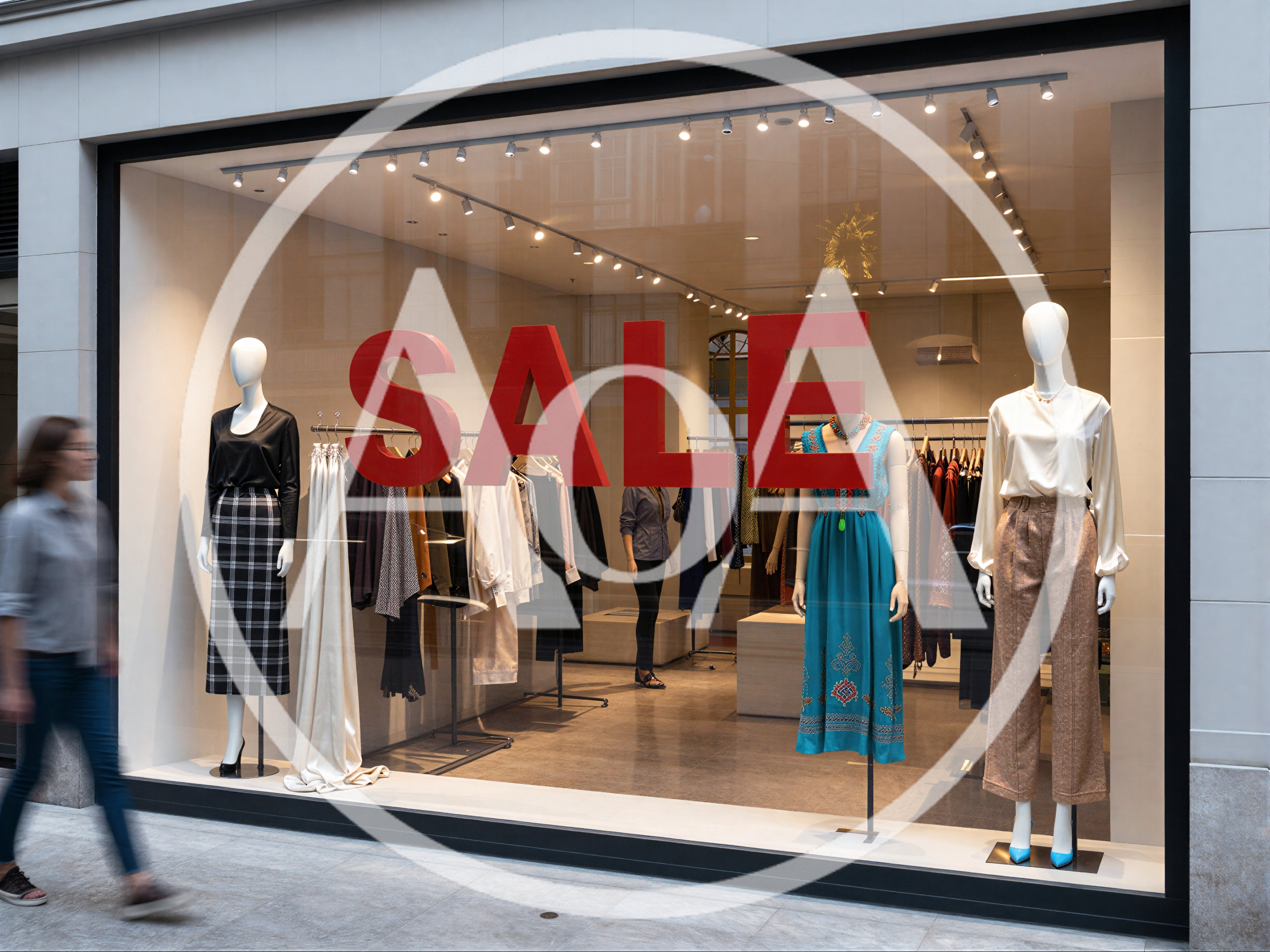 Woman Walking Past Clothing Store Window Display