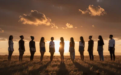 Diverse Group Standing In A Line At Sunset