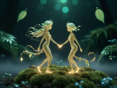 Two Ethereal Forest Sprites Holding Hands