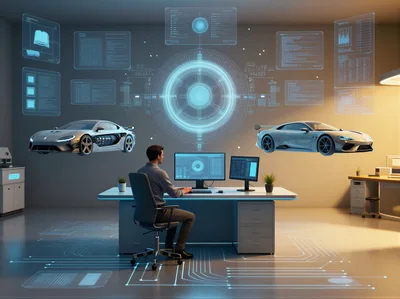 Automotive Engineer Designing Futuristic Vehicles With Holographic Interface