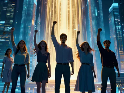 Diverse Group Raising Fists in Futuristic City