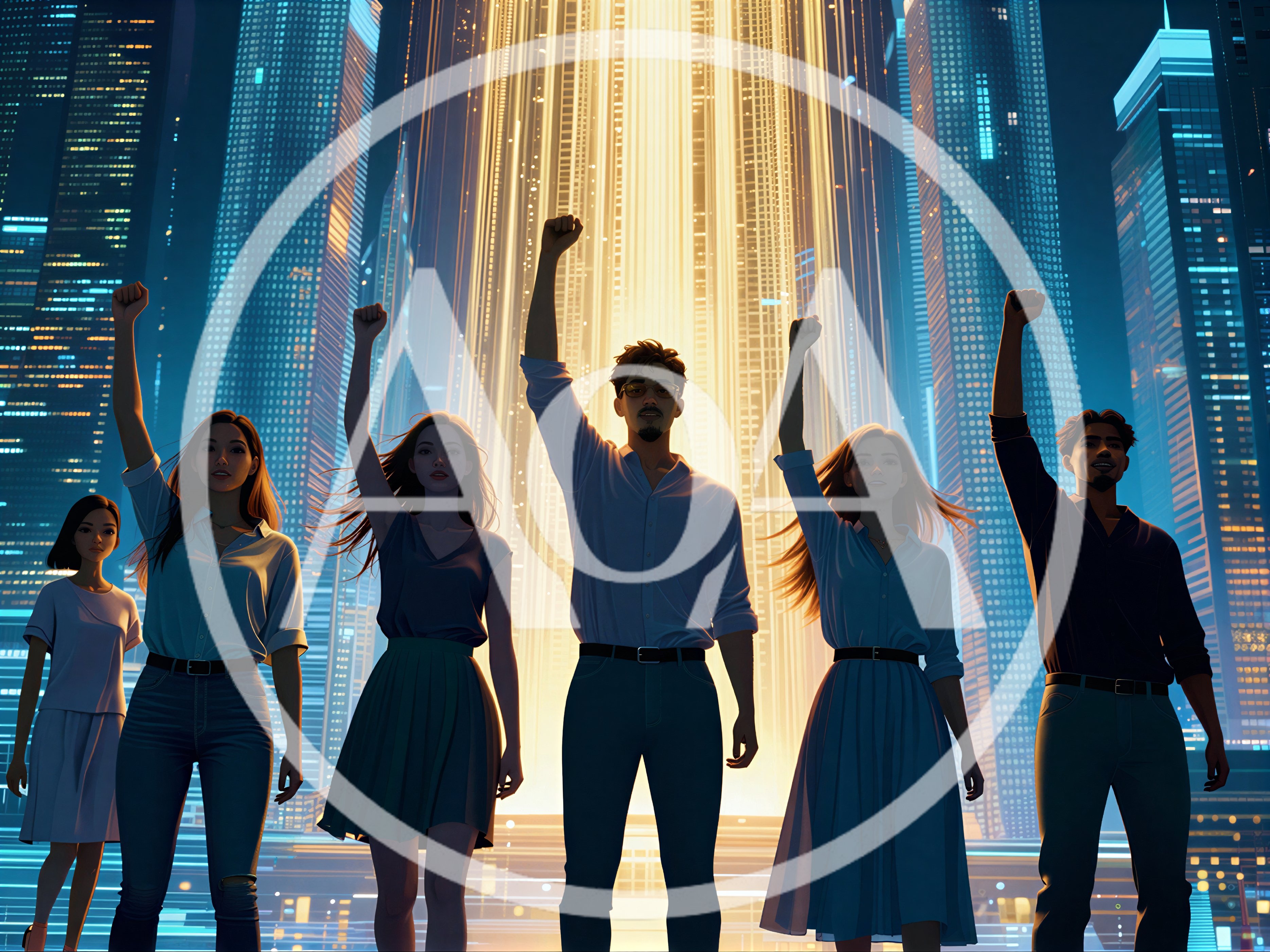 Diverse Group Raising Fists in Futuristic City