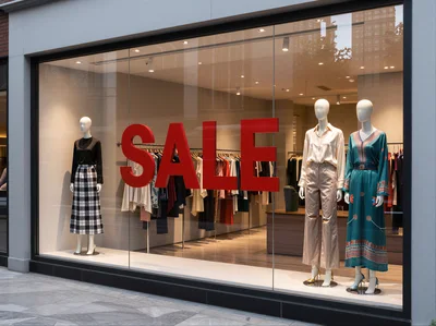 Storefront Window Display With Sale Sign And Mannequins
