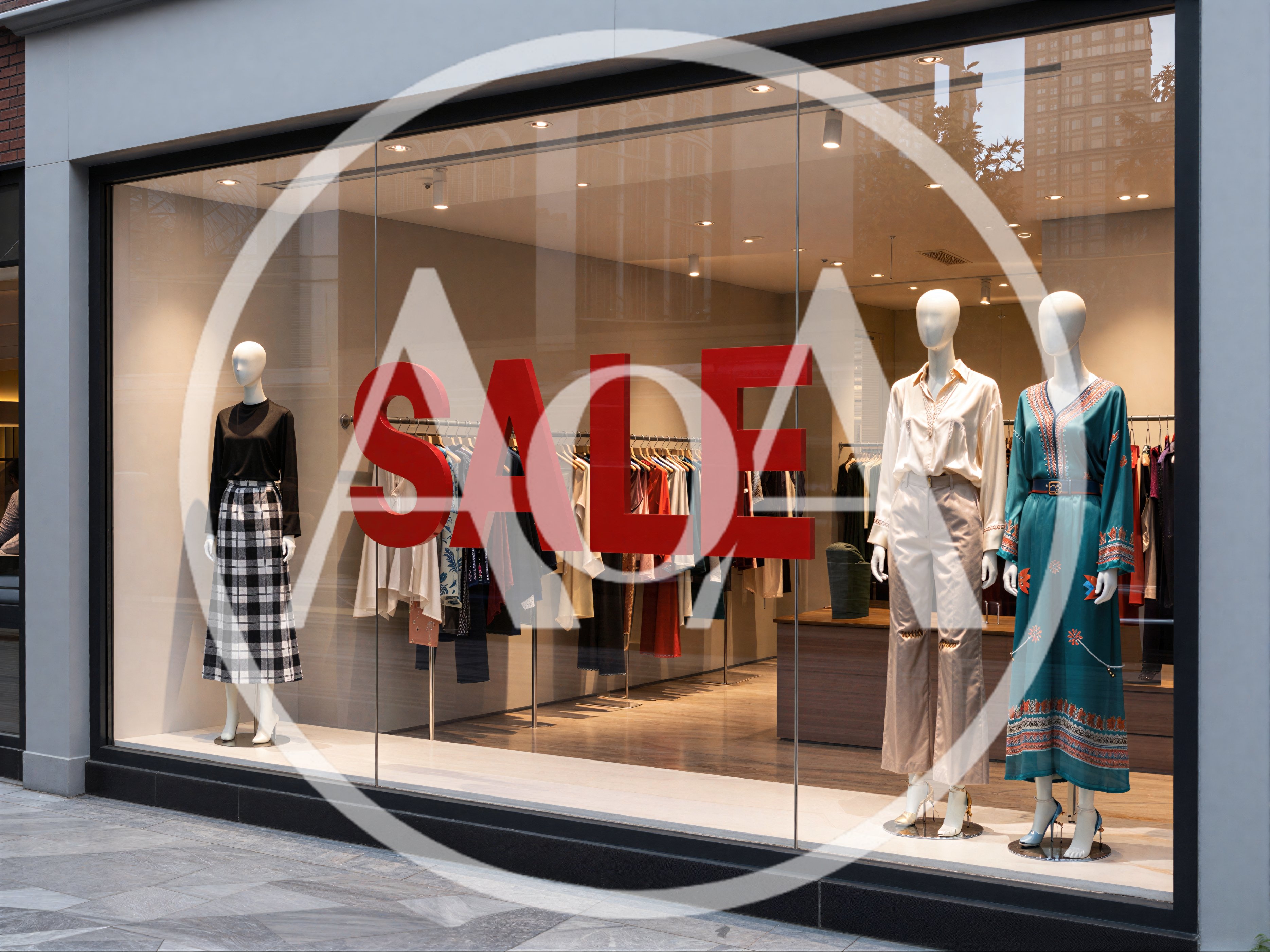 Storefront Window Display With Sale Sign And Mannequins