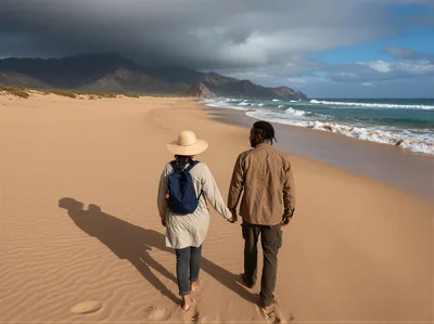 Couple Walking Hand In Hand On A Sandy Beach