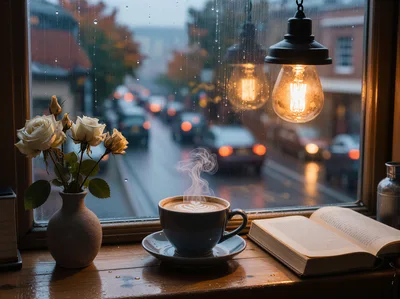 Cozy Coffee Shop Window With Latte And Book