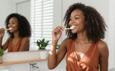 Young Woman Brushing Teeth With Bamboo Toothbrush