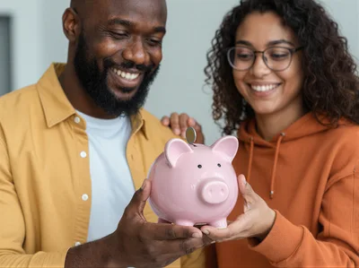 Happy Couple Holding A Pink Piggy Bank