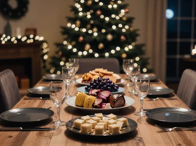 Festive Christmas Dinner Table Setting With Holiday Food