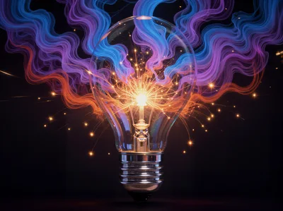 Glowing Light Bulb With Abstract Colorful Energy Smoke