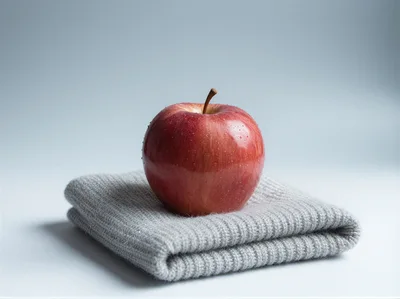 Red Apple Resting On A Folded Grey Knitted Sweater
