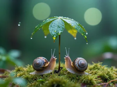Two Snails Sheltering Under A Small Green Plant