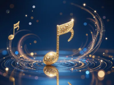 Golden Musical Notes Floating Over Rippling Blue Water