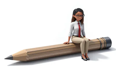 3D Cartoon Businesswoman Sitting On A Giant Pencil