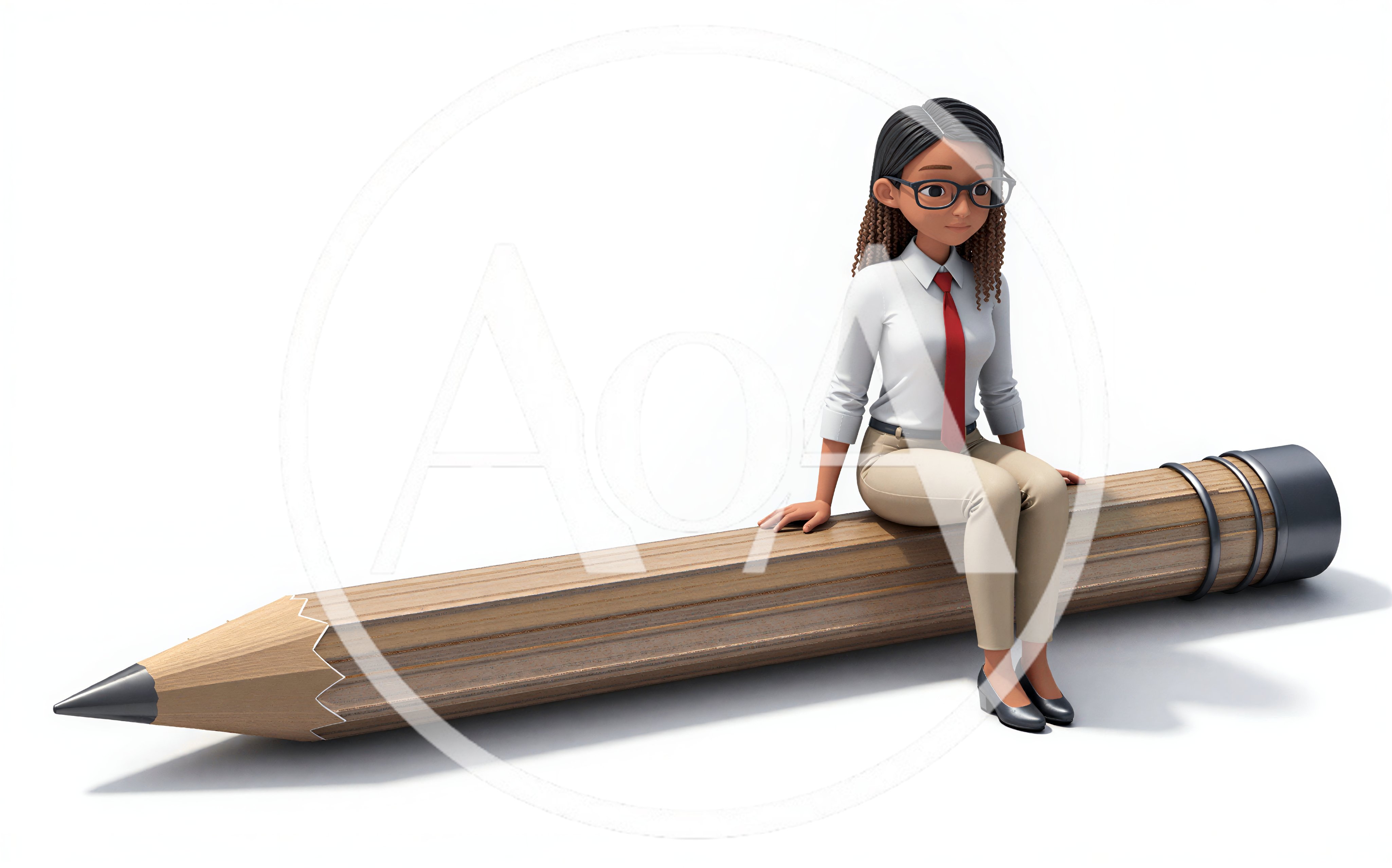 3D Cartoon Businesswoman Sitting On A Giant Pencil