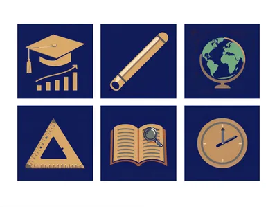 Set Of Six Educational Icons On Dark Blue Background