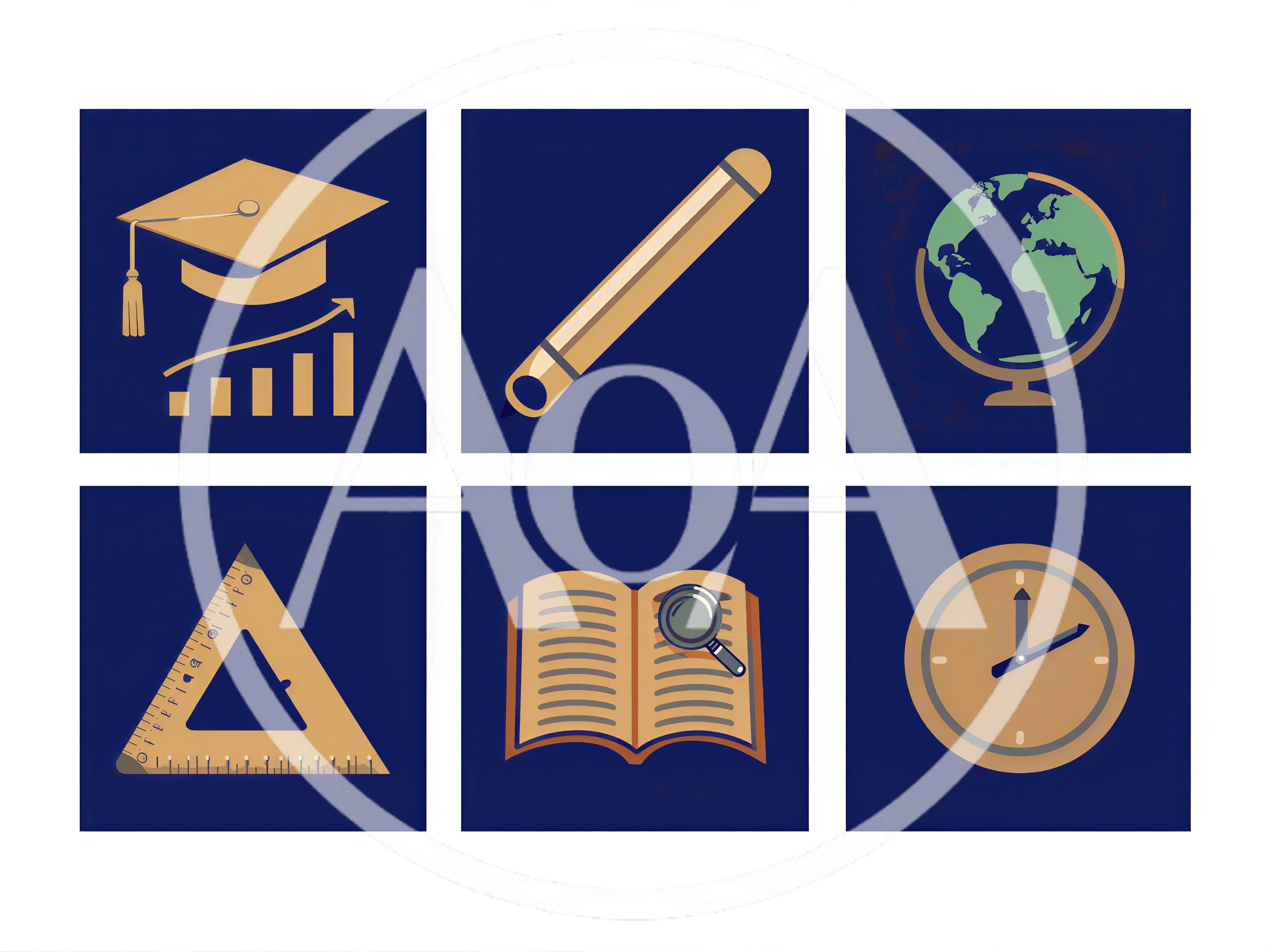 Set Of Six Educational Icons On Dark Blue Background