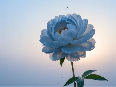 Blue Peony Flower With Falling Water Droplets