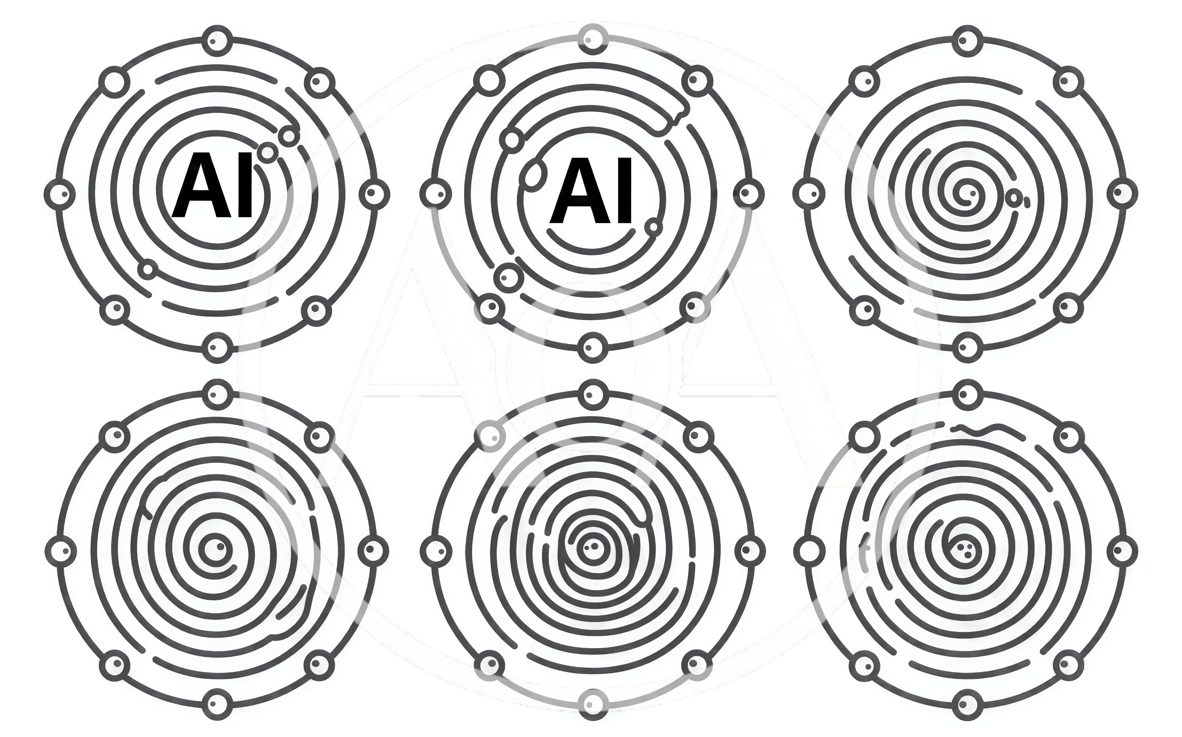 Set of Six Abstract Artificial Intelligence Circular Icons