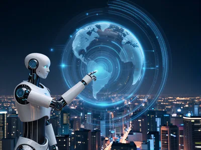 Futuristic Android Interacting With Digital Holographic Globe