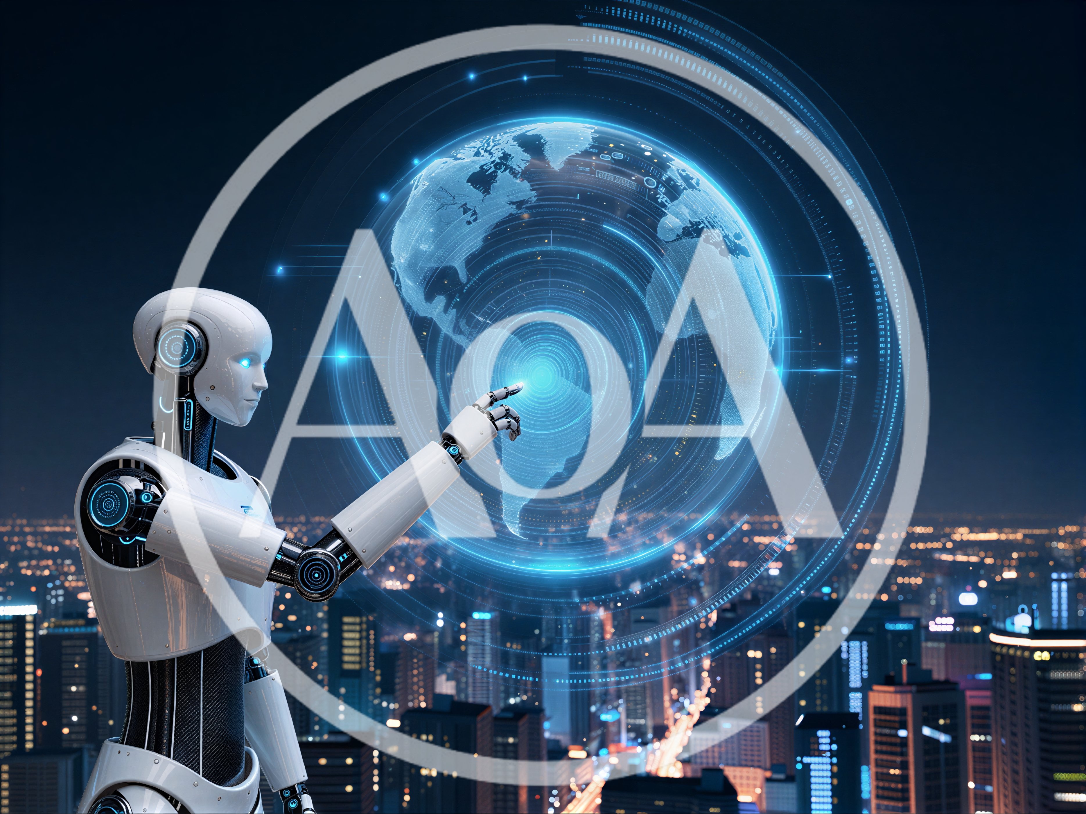 Futuristic Android Interacting With Digital Holographic Globe