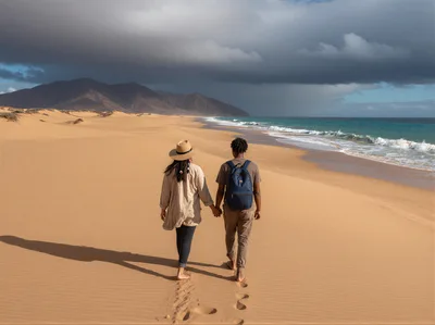 Couple Walking Hand In Hand On Sandy Beach