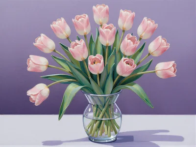 Still Life Painting Of Pink Tulips In Glass Vase
