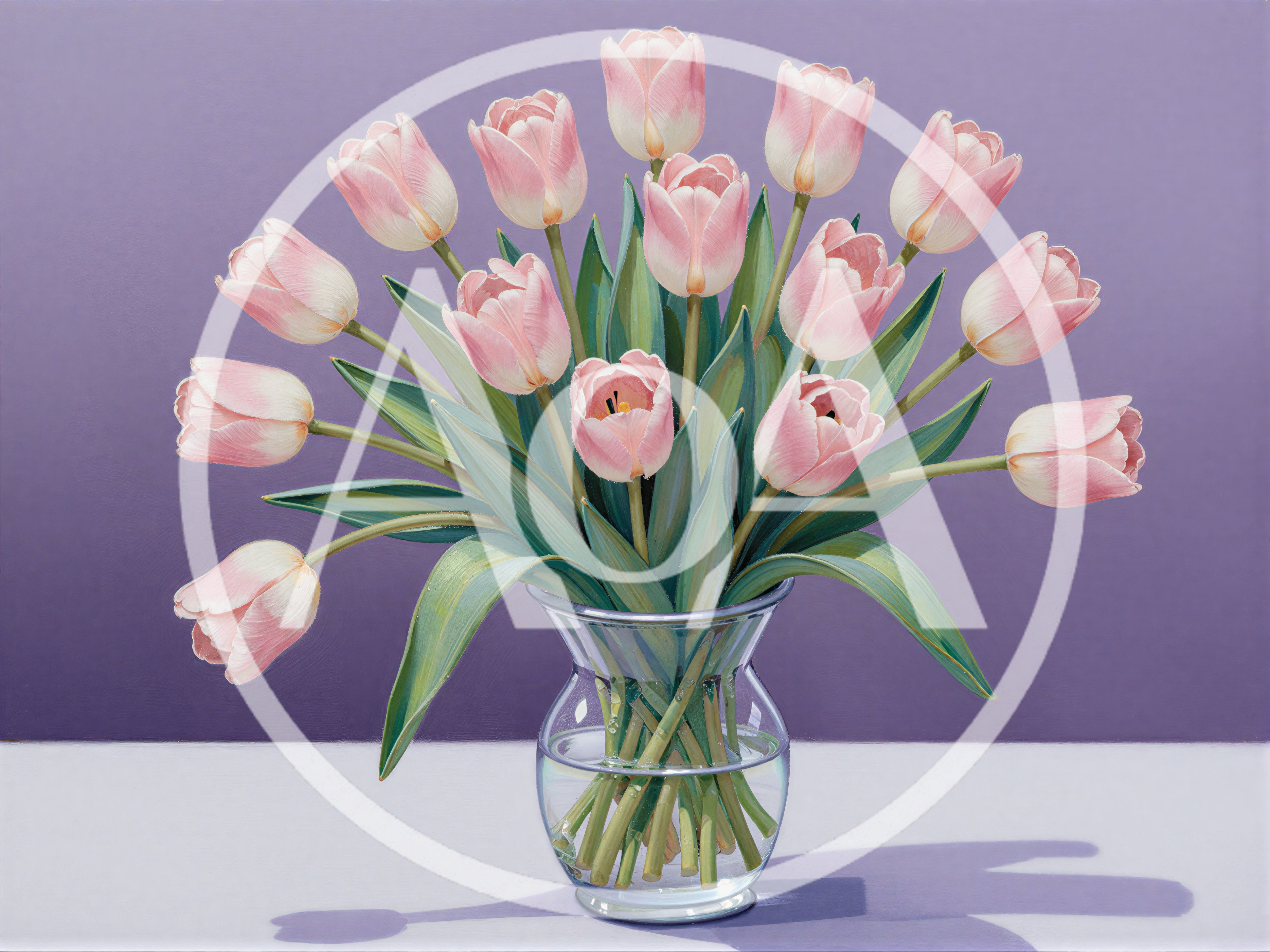Still Life Painting Of Pink Tulips In Glass Vase