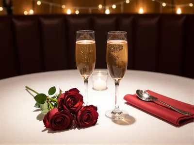 Romantic Dinner Setting With Champagne And Red Roses
